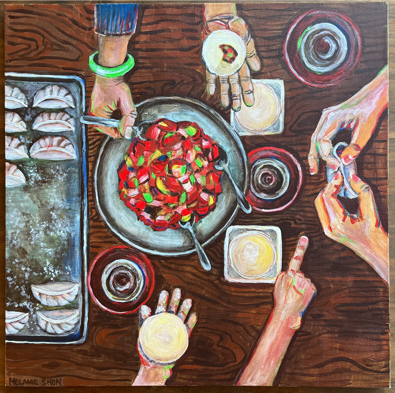 Wrapping Dumplings, 2025 — acrylic on canvas, by Melanie Chen